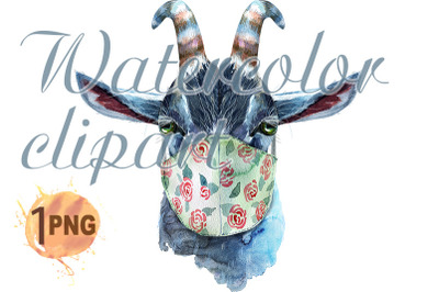 Goat in protective mask watercolor illustration