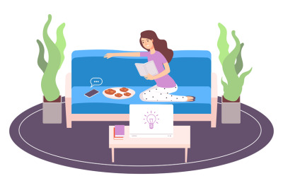 Relaxing woman. Girl reading book. Procrastination vector illustration