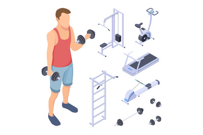 Coach and fitness equipment. Isometric gym elements. Vector sports man