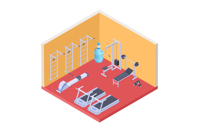 Isometric gym and fitness equipment. Vector fitness room, sport club