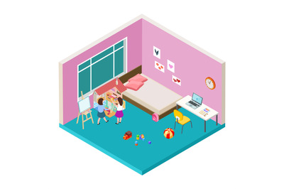 Isometric nursery. Two girls are playing with big dolls house. Vector