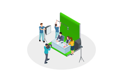 Isometric shooting TV show. Vector TV hosts, make-up artist, film crew