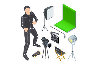 Movie production equipment. Isometric cinematograph elements. Vector c