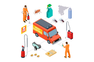 Pest control infographic. Isometric disinfection service. Vector 3D po