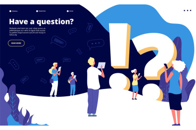 Faq landing page. People ask questions and get answers. Questioning pe