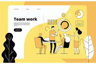 Teamwork landing page. Employees working together. Data analysis, effe