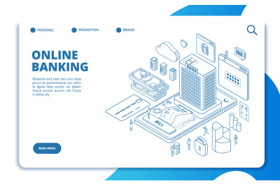 Online banking isometric landing page. Money transfers, secure transac