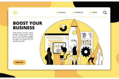 Startup landing page. Tech team launching rocket. Boost your business,