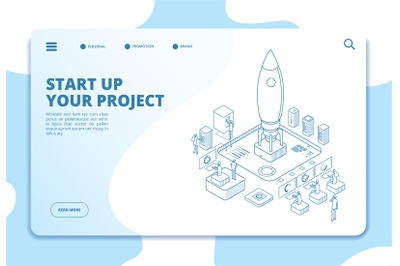 Startup landing page. Successful project launch. Isometric rocket, peo