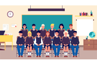 Class group portrait. Classmates, student in classroom. Teenagers in s