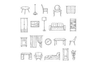 Sketch furniture. Bookcase and chairs, sofa and table, wardrobe and la