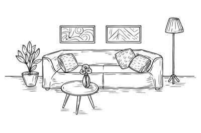 Sketch living room. Sofa, lamp and pictures on wall house furniture co