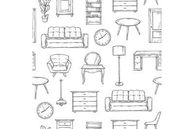 Sketch furniture pattern. Living room doodle vintage interior vector i