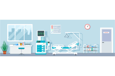 Hospital ward. Empty emergency room indoor. Intensive therapy rooms wi