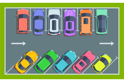 Car parking top view. City public parking spaces for cars&2C; parked cars