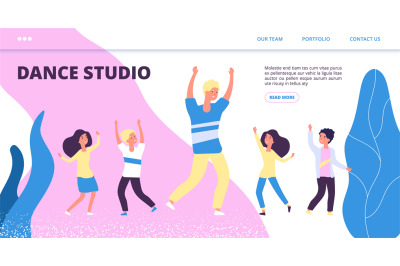 Dance studio landing page. Vector happy dancing kids and man. Flat dan