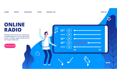 Mobile entertainment landing page. Online radio vector illustration. W