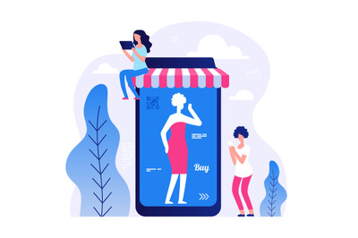 Mobile store app vector illustration. Online shopping concept. Tiny fl