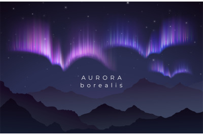 Aurora borealis vector illustration. Northern night starry sky backgro