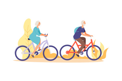 Autumn bike ride concept. Flat elderly characters riding bicycles vect