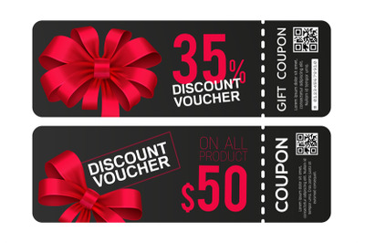 Gift voucher template. Vector discount birthday coupons with red bows