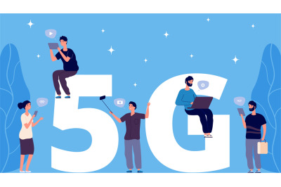 5G concept. Flat tiny people with phones and laptops vector characters