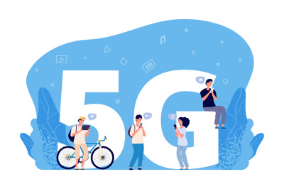 5G internet concept. Flat people characters, online conversations, int