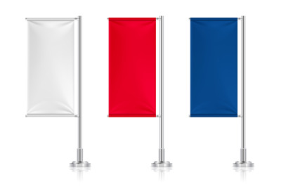 Flag banners. White red blue textile flags vector mockup isolated on w