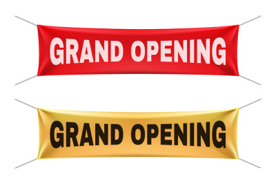 Grand opening banners. Vector gold red realistic hanging fabric mockup