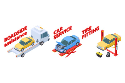 Auto service isometric. Roadside assistance&2C; tire fitting&2C; car repair