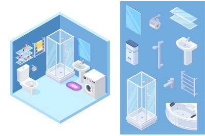 Bathroom isometric. Vector shower, toilet, bath furniture, mirror, gla