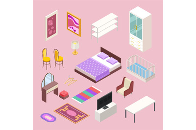 Bedroom furniture isometric. Vector bed, pillows, cabinet, wardrobe, c