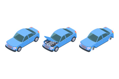 Car isometric. Vector car repair illustration. Isometric blue auto upg