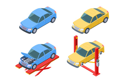 Car repair isometric. Vehicle service, changing wheels vector illustra