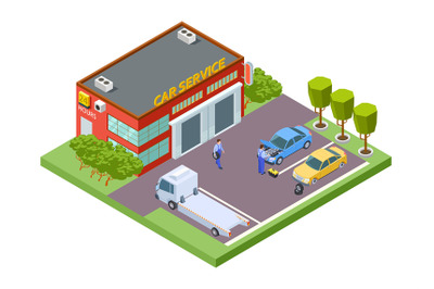 Car service location. Isometric service building, vector tow truck, ti