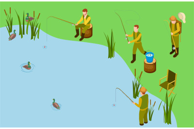 Fishermen on the lake. Vector isometric fishing concept. Male hobby&2C; o