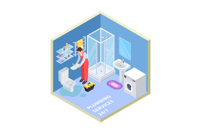 Plumbing service. Isometric bathroom. Vector plumber repairing toilet