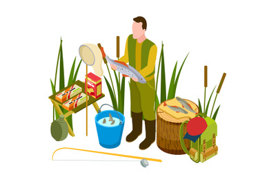 Successful fisherman concept. Vector isometric fishing tools&2C; big fish