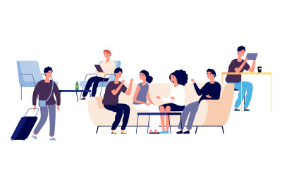 Hostel concept. Vector flat people characters. Hostel lounge illustrat