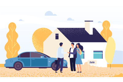 Property concept. Happy young couple buys a house. Vector real estate