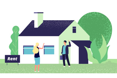 Rental concept. Young woman and real estate agent. Girl rents house ve