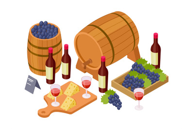 Wine tasting concept. Isometric wine, wooden barrels, glasses, grapes.