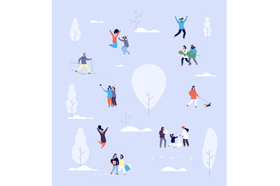 People in winter park. Couples and kids outdoor. Christmas holidays ac