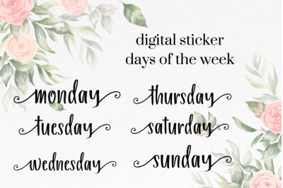 Swirly Font&2C; Black Days of the Week Script Stickers