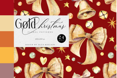 Christmas digital paper pack. Red Christmas seamless paper with golden