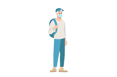 College student in surgical mask semi flat RGB color vector illustrati