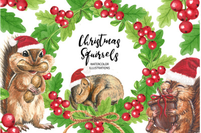 Christmas Squirrels Watercolor Illustrations