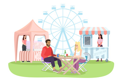 Couple at summer fun fair outdoor cafe flat illustration