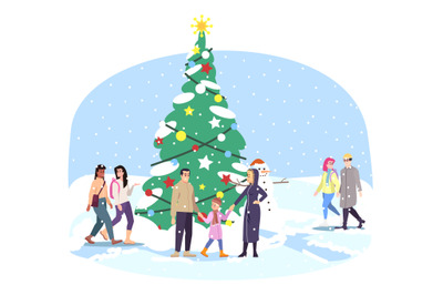 City park Xmas tree flat vector illustration