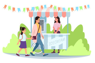 Ice cream street market cart with seller flat vector illustration